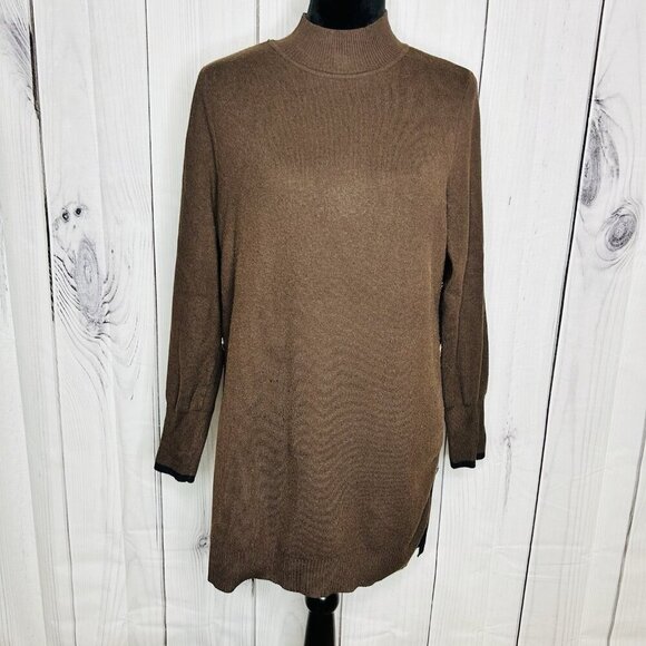 Chicos Tunic Sweater Women Sz 1 M Brown Cashmere Blend Side Button Contrast Trim - Picture 1 of 10